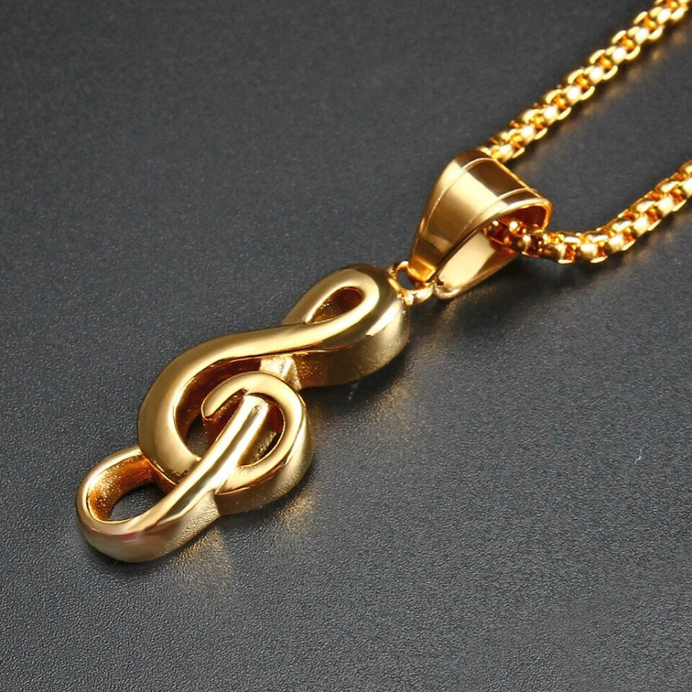 Gold Music Note G Treble Clef Pendant Necklace with Chain 24" Mens‎ Womens
